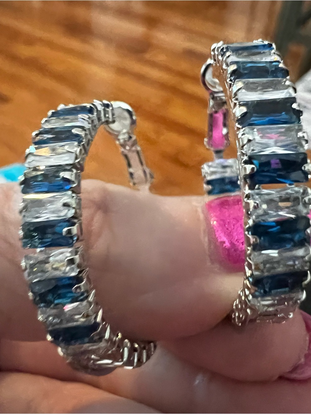 Silver tone Hoop Earrings with Blue and Clear Stones